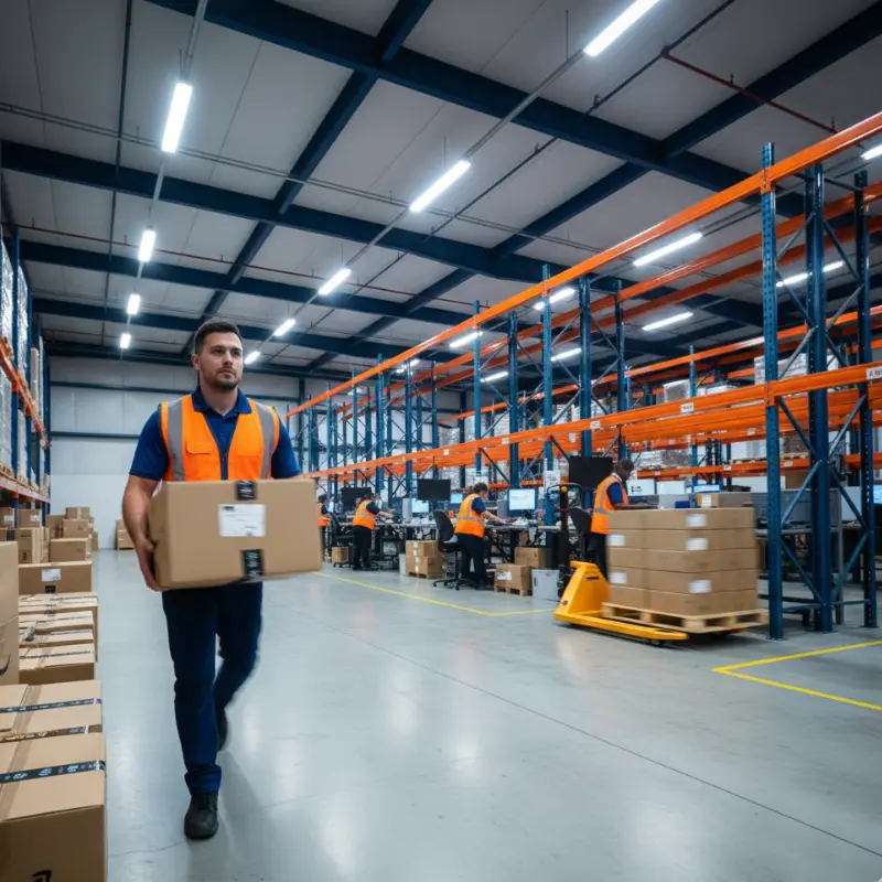 Warehouse worker scanning packages for Amazon FBA prep at Pick Pack Pro UK